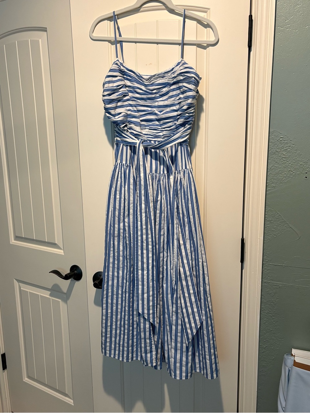 Blue and White Striped Midi Dress with Spaghetti Straps